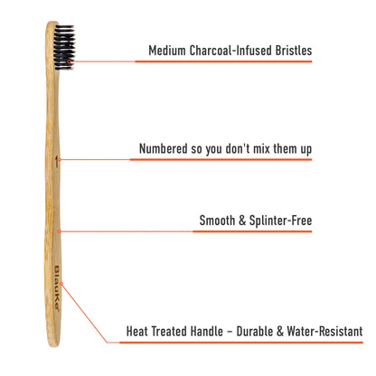 Bamboo Toothbrush Set 5-Pack - Bamboo Toothbrushes with Medium Bristles for Adults - Eco-Friendly, Biodegradable, Natural Wooden Toothbrushes with Black Charcoal Bristles