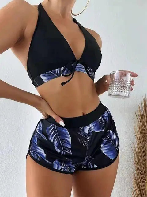 High Waist Bikini Set Swimwear Black-Blue S