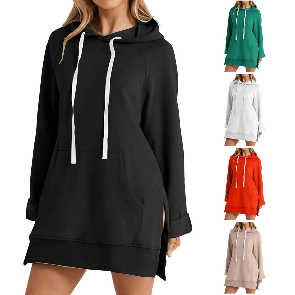 The Warmy Oversized Hoodie Dress First Ones Oversized Hoodies Womens Casual Pullover Long Sleeve Split (Black XL)