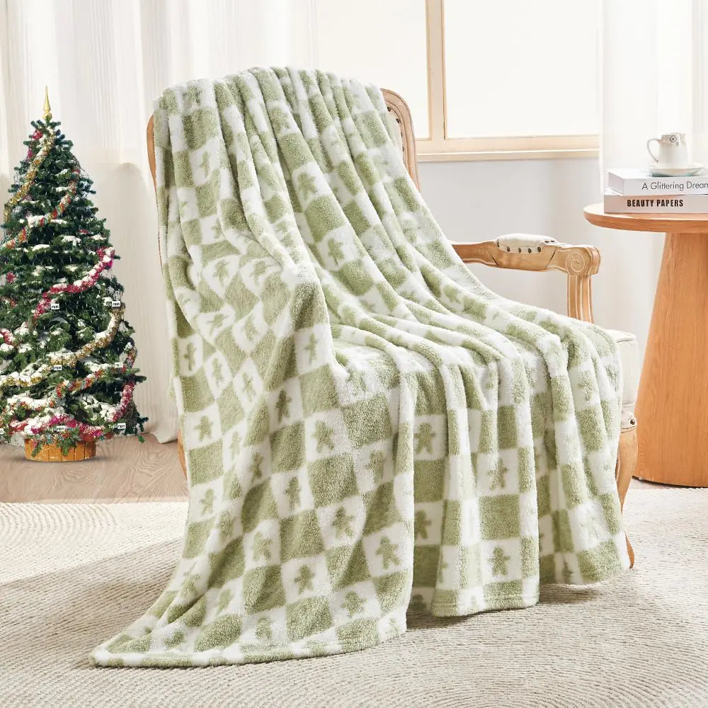 EMME Checkered Throw Blanket Cozy Fluffy Knit Throw Blankets - Green Super Soft Warm Throw Blankets for Couch Sofa Chair Bed Camping Picnic Travel Lightweight Bed Blanket (108" x 90") n a