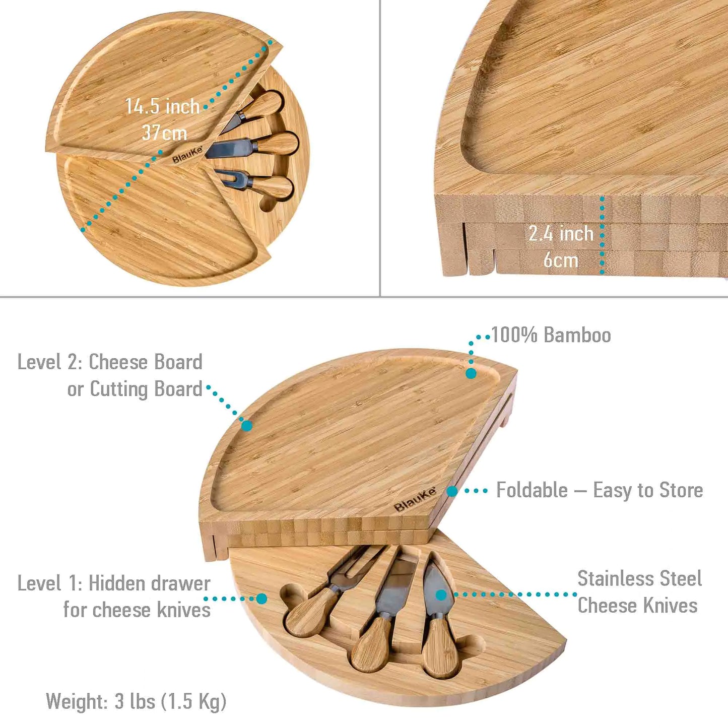 Bamboo Cheese Board and Knife Set - 14 Inch Swiveling Charcuterie Board with Slide-Out Drawer - Cheese Serving Platter, Round Serving Tray - Eloy Royal