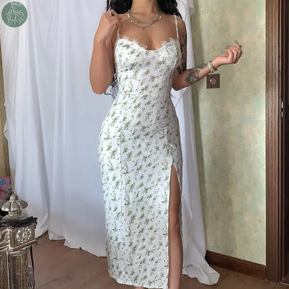 Lace Flowers Print Long Dress Sexy Fashion Slit Suspender Dress Summer Womens Clothing - Eloy Royal