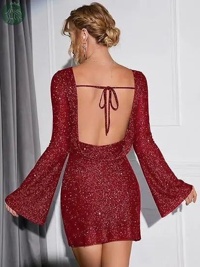 Long Sleeve Short Dress Women Sparkling Sequin Backless Lace Up Bodycon Dress For Party Wedding Club Eloy Royal