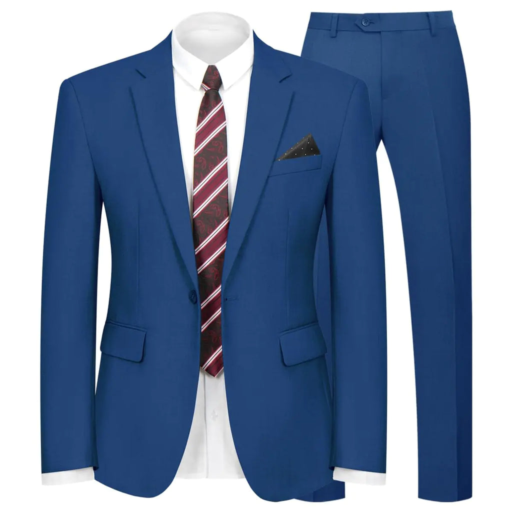 WYWK 2 Piece Mens Suit One Button Slim Fit Suit for Men Solid Color Blazer and Pants Tie and Square Wedding Business Party Royal Blue