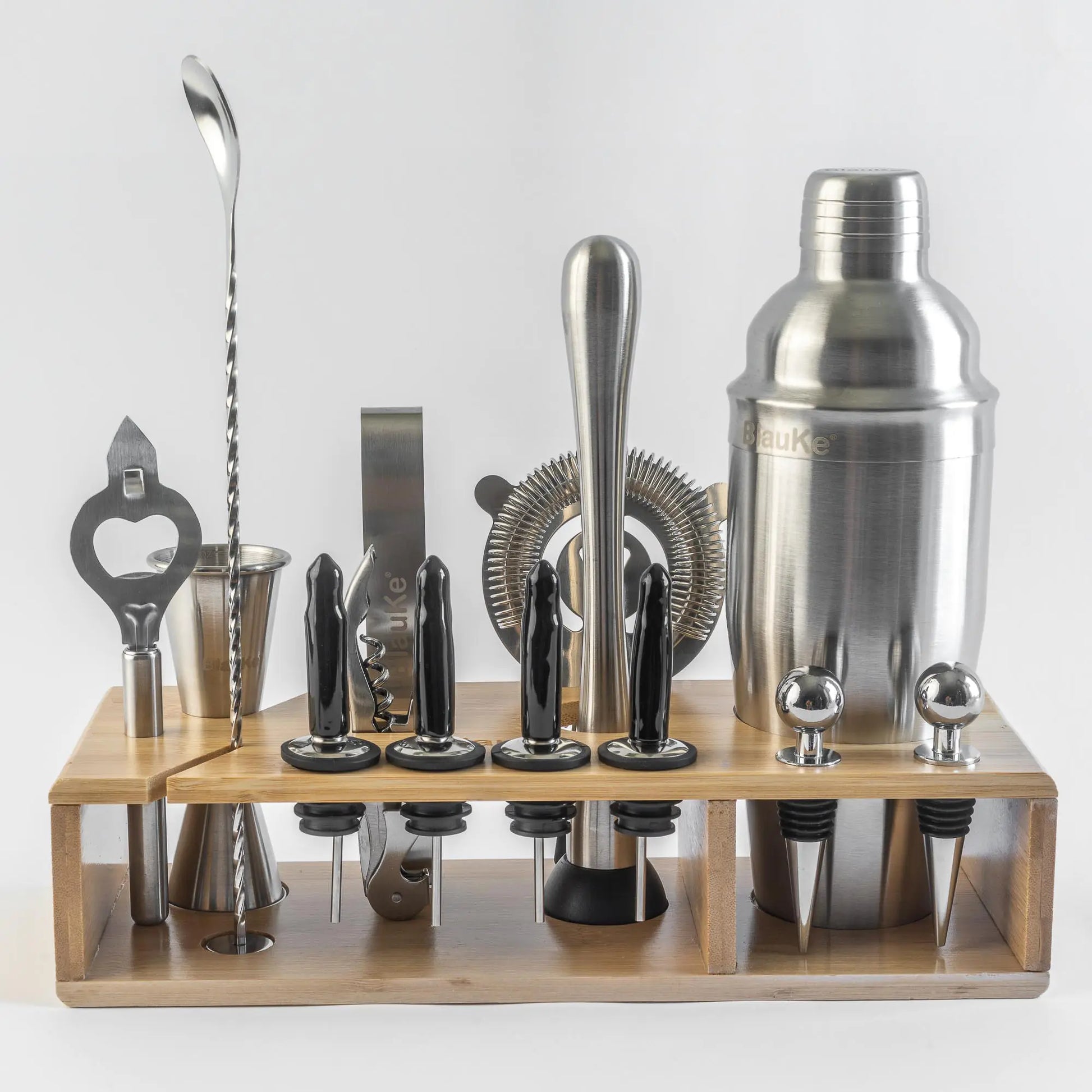 Stainless Steel Cocktail Shaker Set with Stand - 17-Piece Mixology Bartender Kit, Bar Set - 25oz Martini Shaker, Jigger, Strainer, Muddler, Mixing Spoon - Eloy Royal