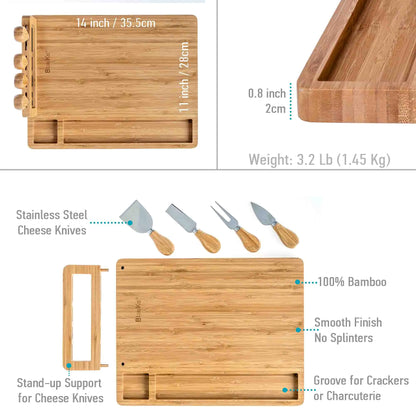 Bamboo Cheese Board and Knife Set - 14x11 inch Charcuterie Board with 4 Cheese Knives - Wood Serving Tray - Eloy Royal