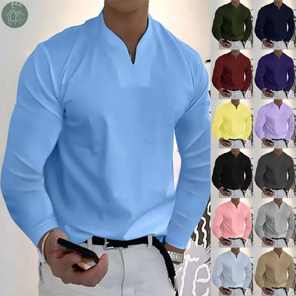 Male Fashion Casual Solid Color V-neck Long Sleeve Shirts - Eloy Royal