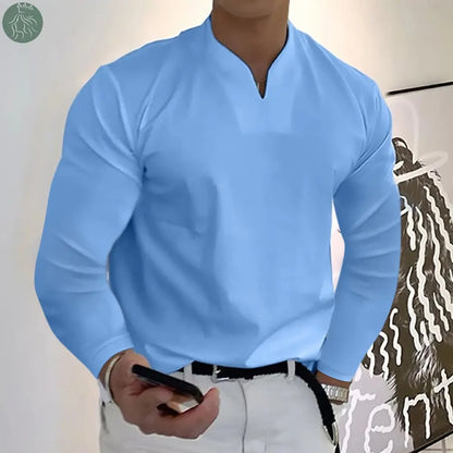 Male Fashion Casual Solid Color V-neck Long Sleeve Shirts - Eloy Royal