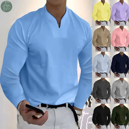 Male Fashion Casual Solid Color V-neck Long Sleeve Shirts - Eloy Royal