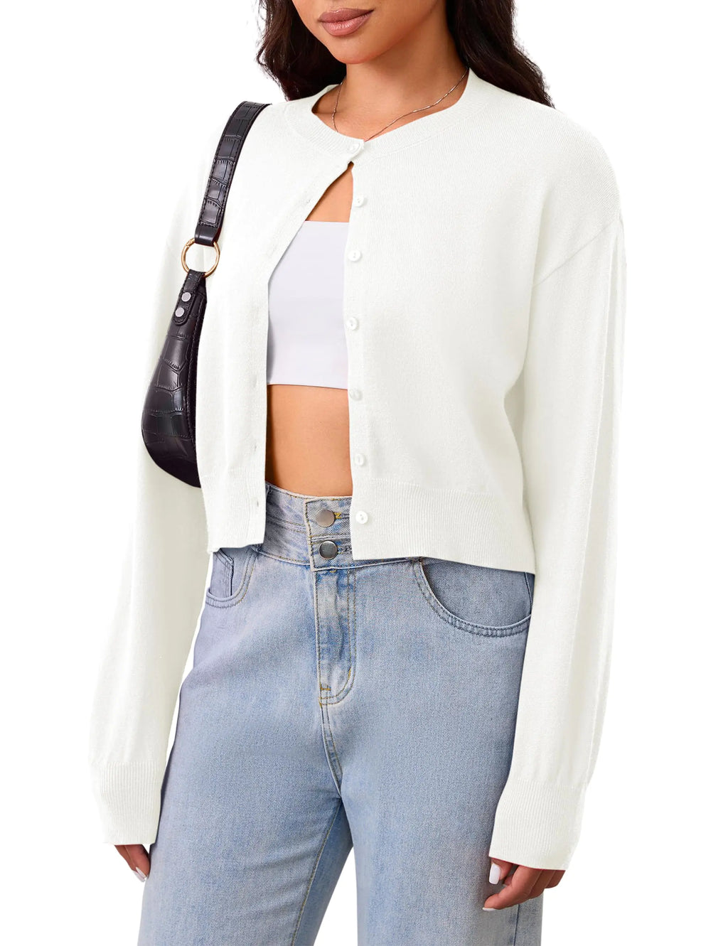 MISSACTIVER Womens Button Down Cropped Cardigan Sweater Solid Open Front Long Sleeve Crewneck Knitted Fall Cardigans Jacket White White Small