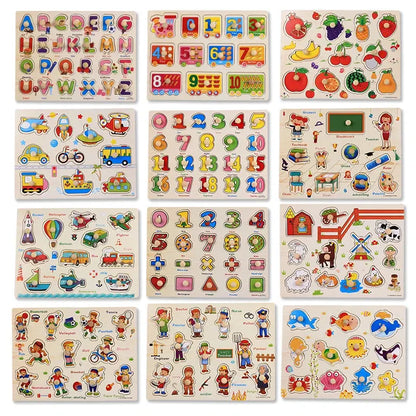 Baby Toys Montessori wooden Puzzle/Hand Grab Board Set Educational Wooden Toy Cartoon Vehicle/ Marine Animal Puzzle Child Gift - Eloy Royal