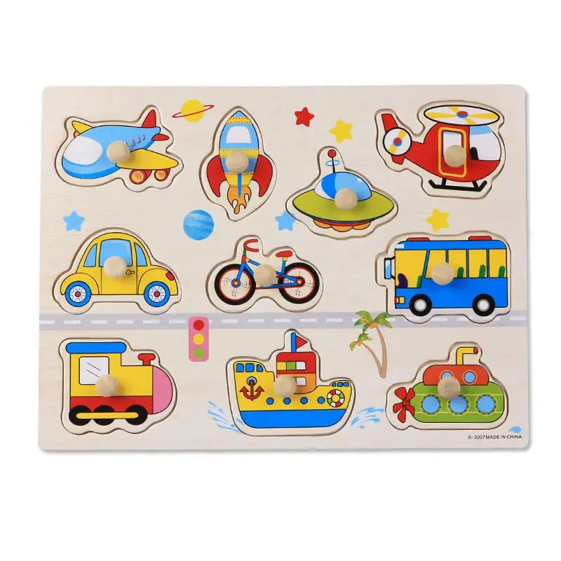 Baby Toys Montessori wooden Puzzle/Hand Grab Board Set Educational Wooden Toy Cartoon Vehicle/ Marine Animal Puzzle Child Gift - Eloy Royal