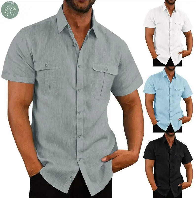 Men's Button Short Sleeve Shirt Summer Casual Double Pocket Wide Collar Beach Shirt Summer - Eloy Royal