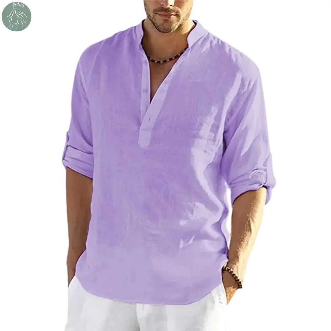 Men's Casual Cotton Linen Solid Color Long Sleeve Shirt Loose Stand Collar - Eloy Royal