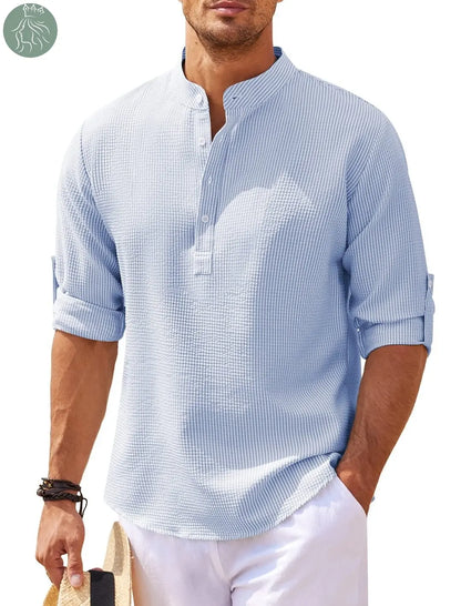 Men's Casual Shirt  Long Sleeve Stand Collar Solid Color Shirt Mens Clothing - Eloy Royal