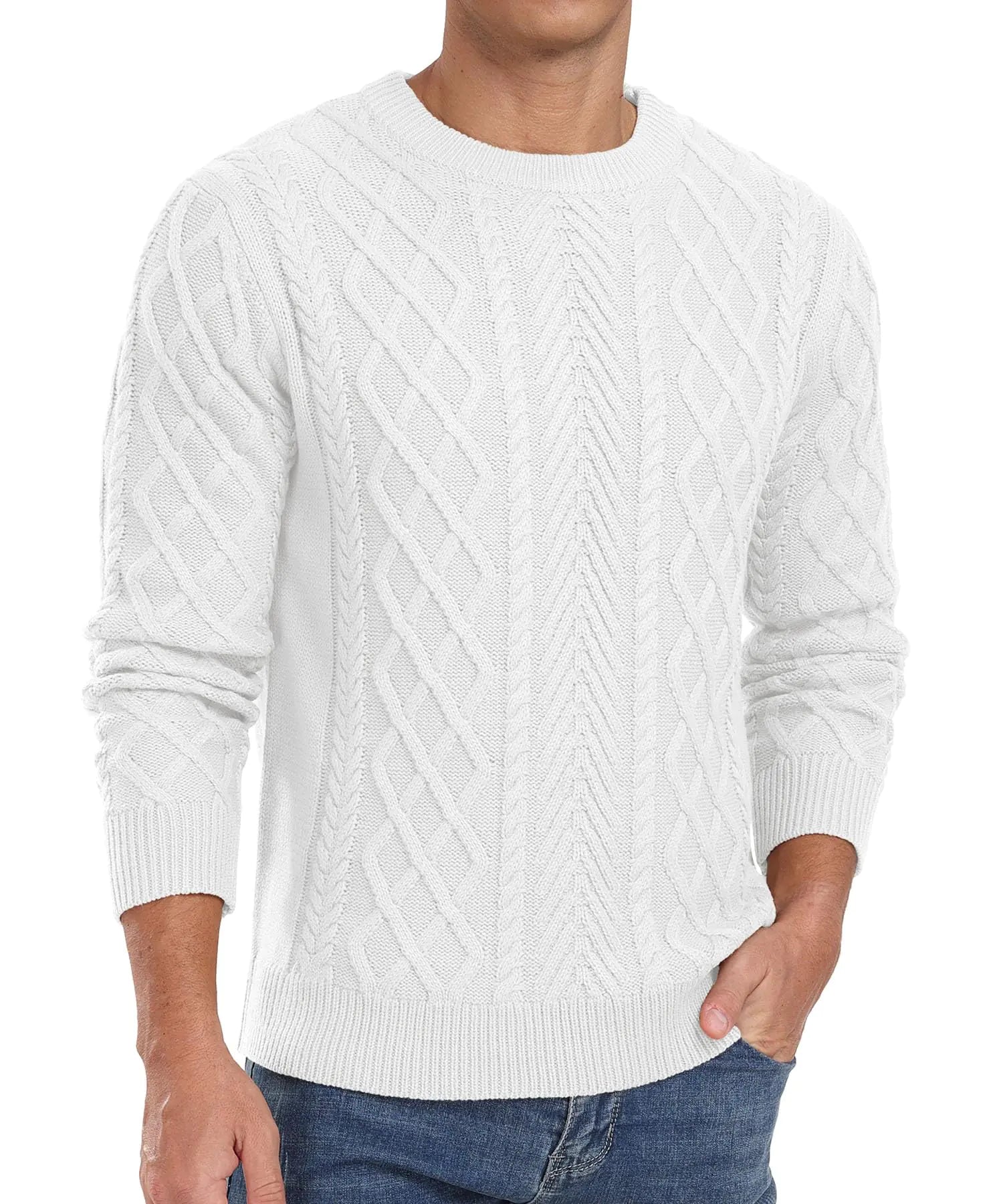 Askdeer Mens Crewneck Pullover Sweater Fisherman Long Sleeve Chunky Knit Sweater Winter Texture Knitted Sweaters with Ribbing Edge White 01 Soft&Warm A03 White Medium