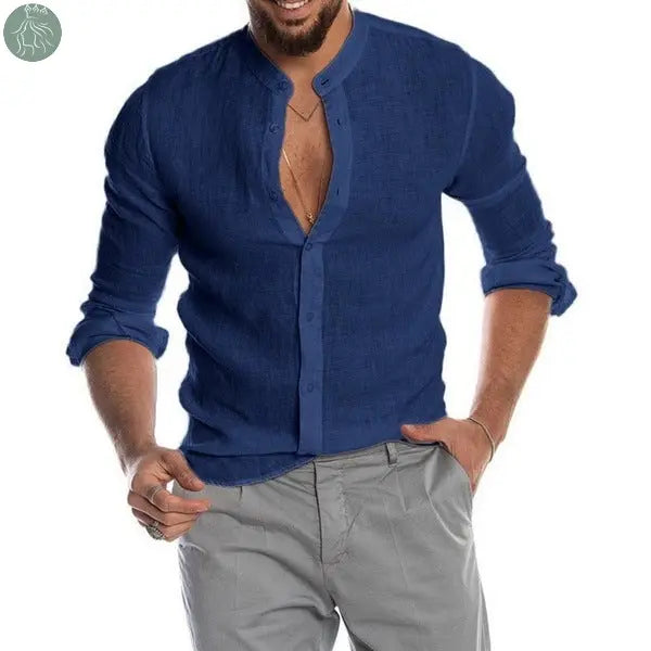 New Cardigan Stand Collar Long Sleeve Shirt Men's Clothing Navy Blue