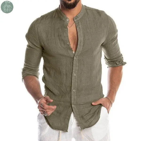 New Cardigan Stand Collar Long Sleeve Shirt Men's Clothing Army Green