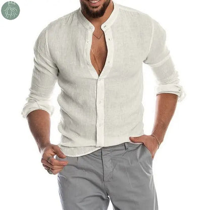 New Cardigan Stand Collar Long Sleeve Shirt Men's Clothing White