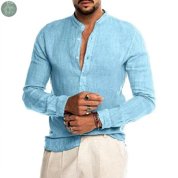 New Cardigan Stand Collar Long Sleeve Shirt Men's Clothing Blue