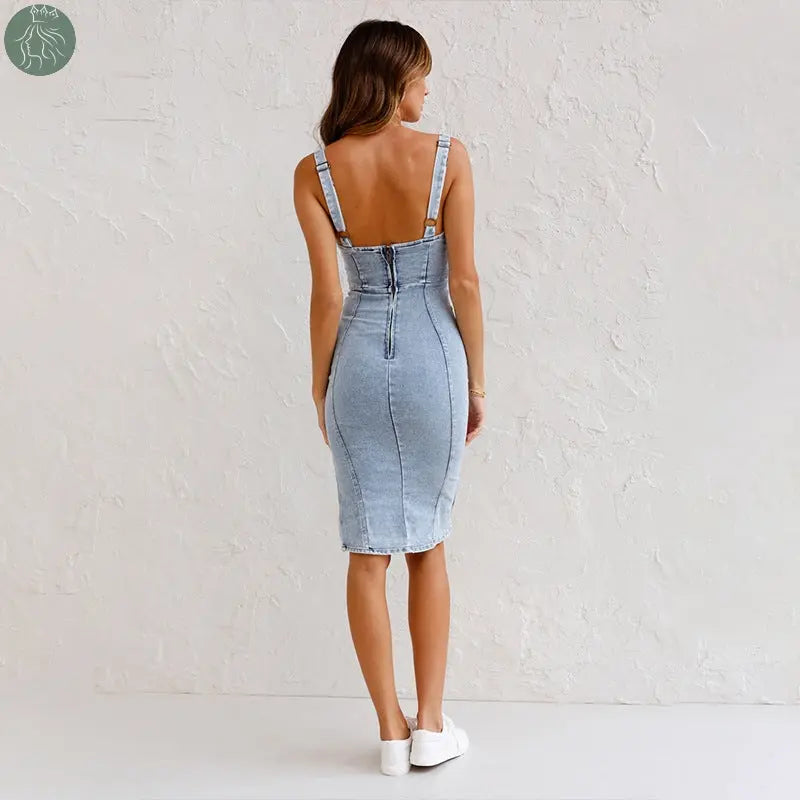 New U-neck Suspender Denim Dress Summer Casual Tight Slim Fit Dresses With Slit Design Womens Clothing - Eloy Royal