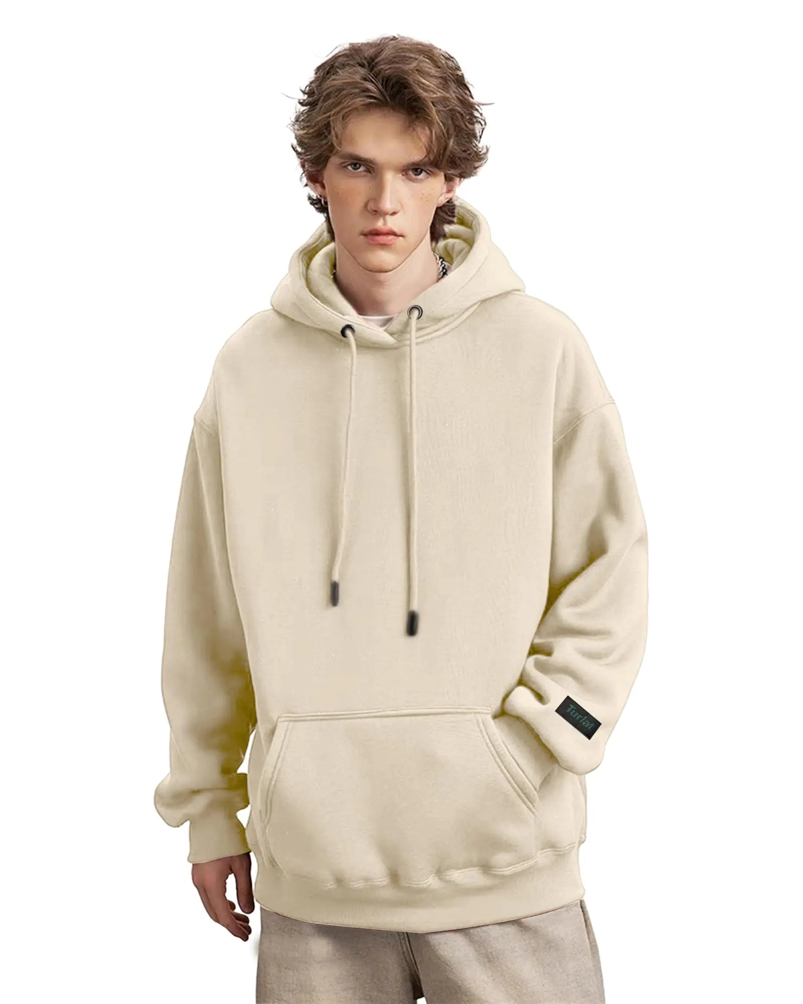 TURLAT Mens Beige Hoodie Heavyweight Fleece Hoodie Sweatshirt for Men Oversized Pullover Hoodie with Pocket Causal Loose Fit SportswearM