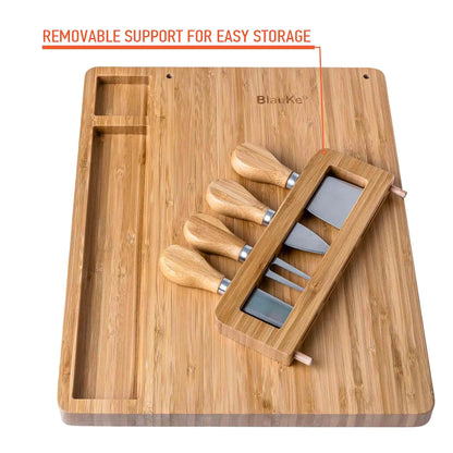 Bamboo Cheese Board and Knife Set - 14x11 inch Charcuterie Board with 4 Cheese Knives - Wood Serving Tray - Eloy Royal