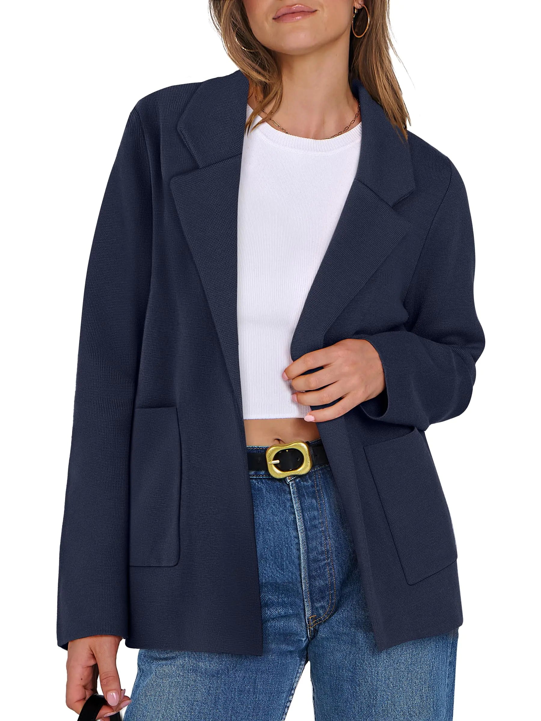 ANRABESS Women Blazer Cardigan Sweater Chunky Open Front Lady Jacket Coat Fall Outwear Coatigan 2024 Trendy Outfits Navy Blue Medium