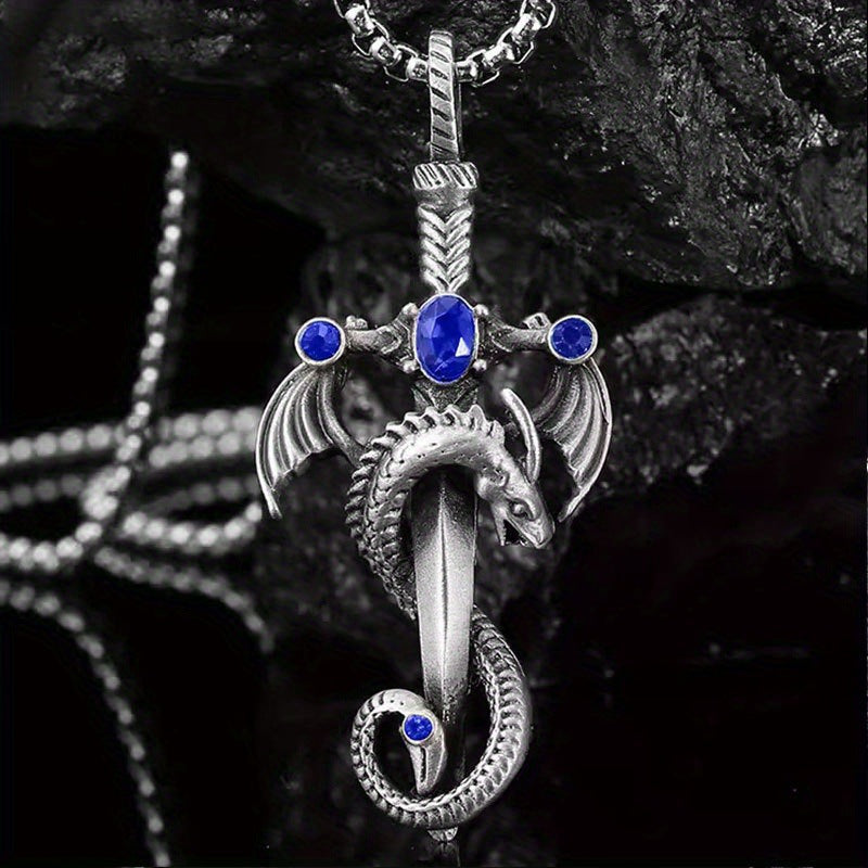 Fashion Jewelry Retro Gem Dragon Sword Stainless Steel Chain Necklace