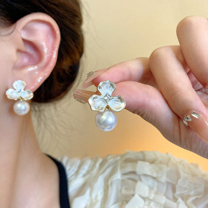 Silver Needle Light Luxury Minority Pearl Flower Earrings Women