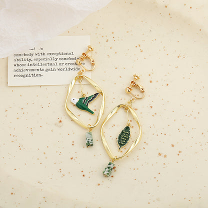 Retro Mori Style Green Bird Earrings Geometric Leaf Ear Clip