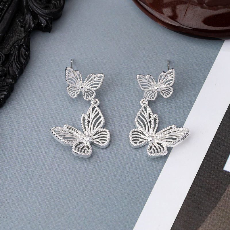 Silver Needle Butterfly Hollow Ear Stud Retro