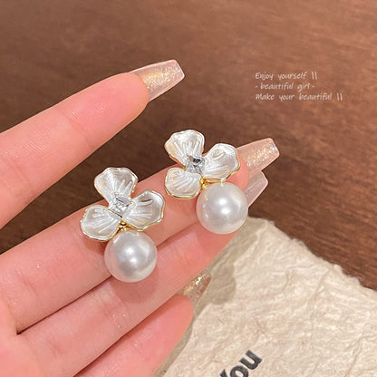 Silver Needle Light Luxury Minority Pearl Flower Earrings Women