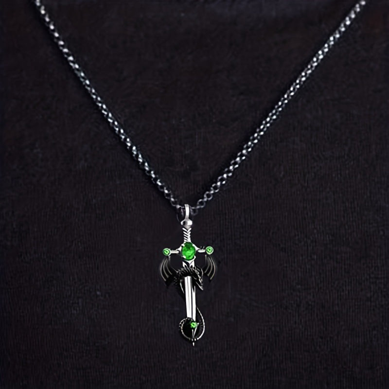 Fashion Jewelry Retro Gem Dragon Sword Stainless Steel Chain Necklace