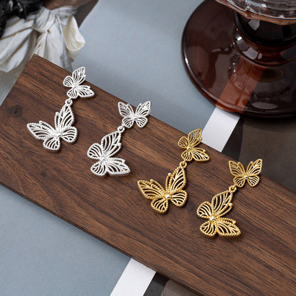 Silver Needle Butterfly Hollow Ear Stud Retro