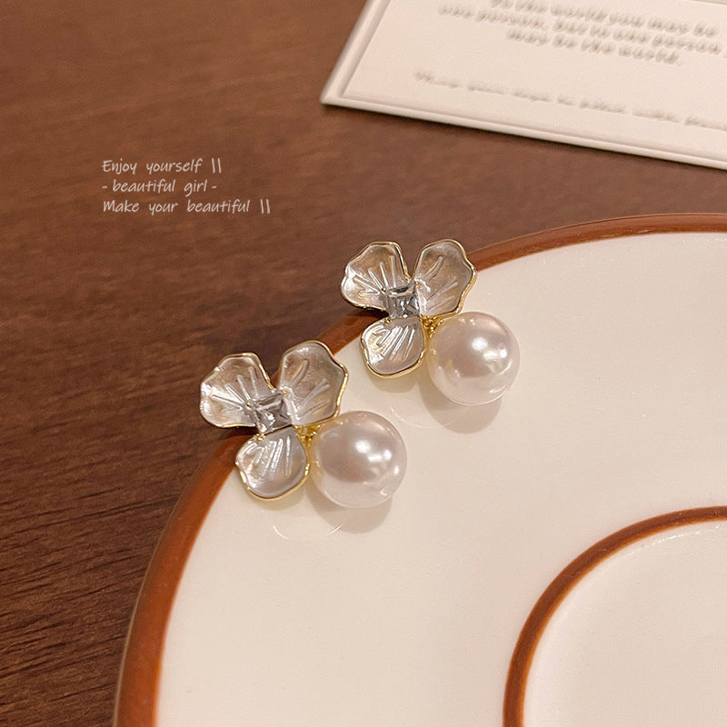 Silver Needle Light Luxury Minority Pearl Flower Earrings Women