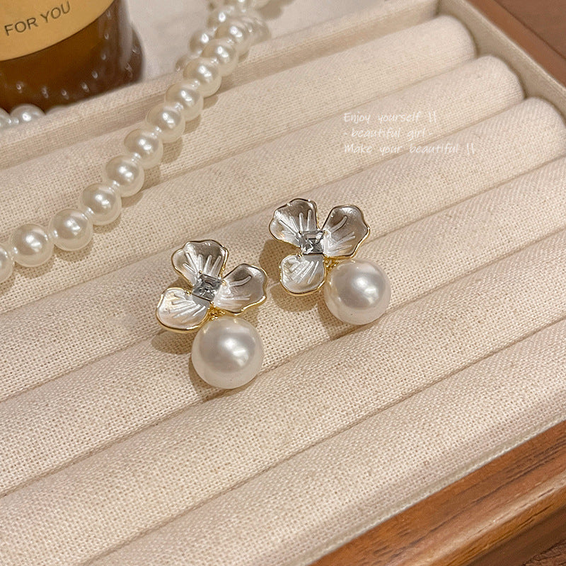 Silver Needle Light Luxury Minority Pearl Flower Earrings Women