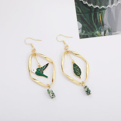 Retro Mori Style Green Bird Earrings Geometric Leaf Ear Clip