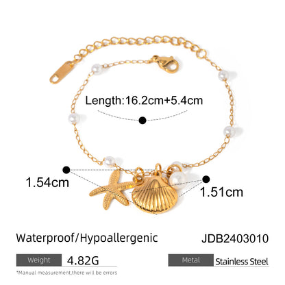 Fashion Jewelry 18K Gold Stainless Steel Pearl Chain Summer Holiday Shell Starfish Pendant Bracelet