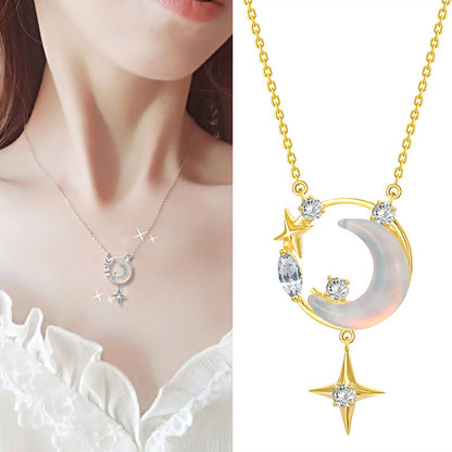 S925 Sterling Silver Star Moon Necklace Women's Light Luxury Minority Clavicle Chain