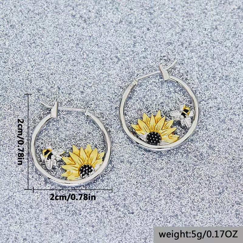 Sunflower Bee Round Ring Earrings Color Meiko