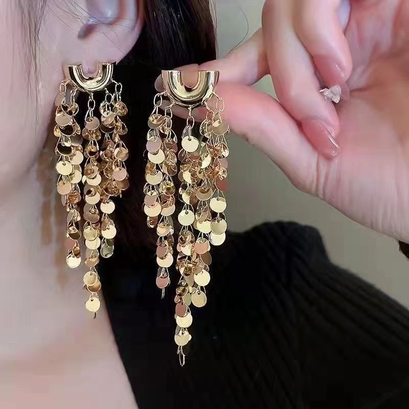 Exaggerated Sequined Tassel Earrings Women's Design Fashion