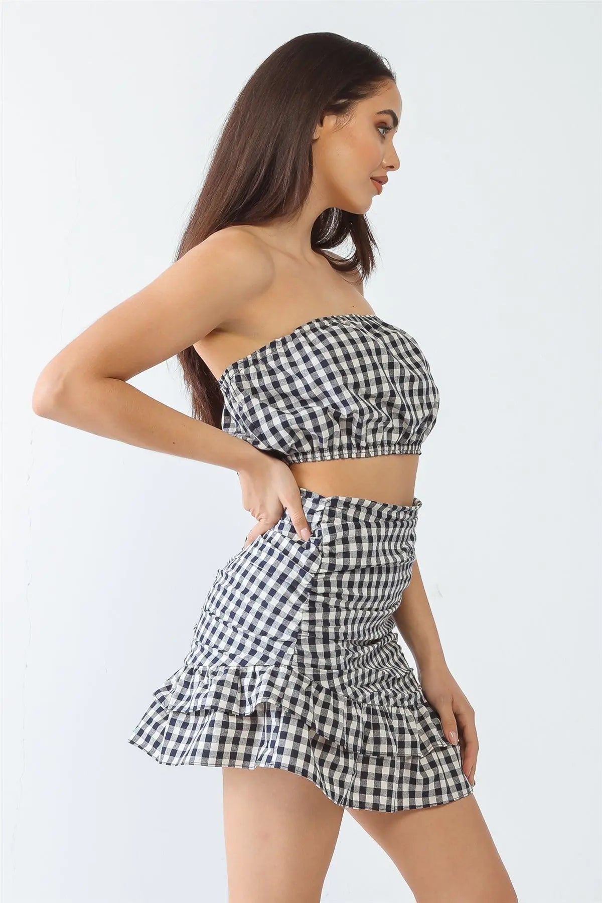 Plaid Strapless Crop Top & High Waist Flare Hem Mini Skirt Set