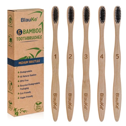 Bamboo Toothbrush Set 5-Pack - Bamboo Toothbrushes with Medium Bristles for Adults - Eco-Friendly, Biodegradable, Natural Wooden Toothbrushes with Black Charcoal Bristles