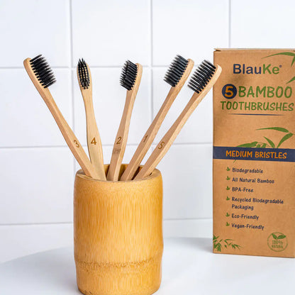 Bamboo Toothbrush Set 5-Pack - Bamboo Toothbrushes with Medium Bristles for Adults - Eco-Friendly, Biodegradable, Natural Wooden Toothbrushes with Black Charcoal Bristles