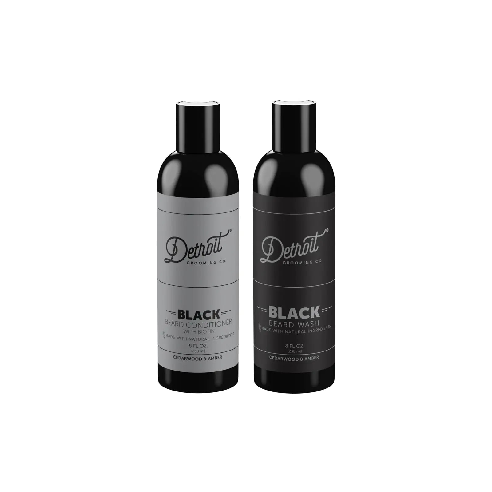 Detroit Grooming Co. Beard Wash and Beard Conditioner - Mens Kit - Softens Strengthens Moisturize Infused w/Argan Oil Apple Extract & Aloe Vera - Cedarwood & Amber Scent - Black-8oz