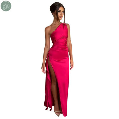 One-shoulder Pleated Split Sexy Satin Dress Elegant Slim-fit Solid Color - Eloy Royal