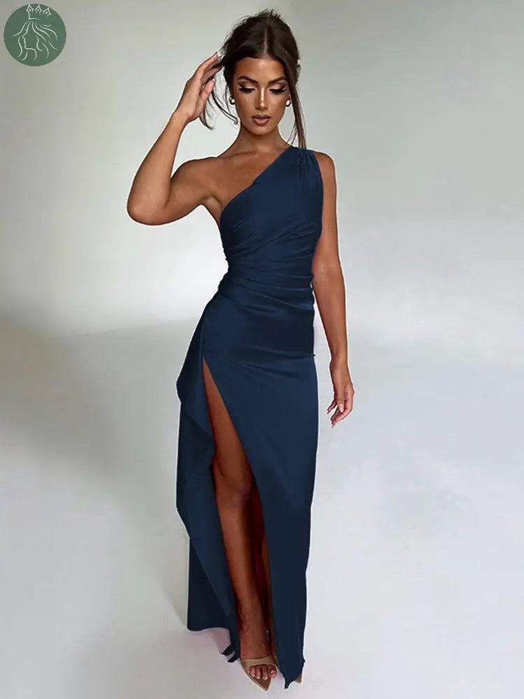 One-shoulder Pleated Split Sexy Satin Dress Elegant Slim-fit Solid Color - Eloy Royal