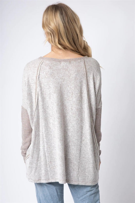 Taupe Long Sleeve Round Neck Two Pocket Side Top