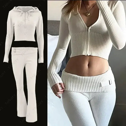 Knitted Hoodie Cropped Top And Pants Set - Eloy Royal